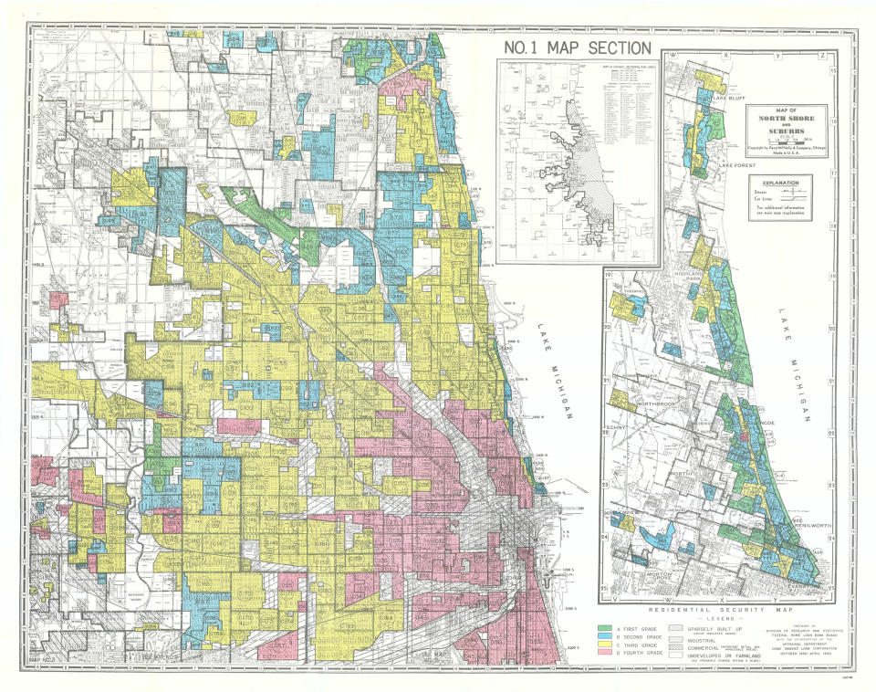 A map depicts redlining in the city of Chicago.  (Mapping Inequality)