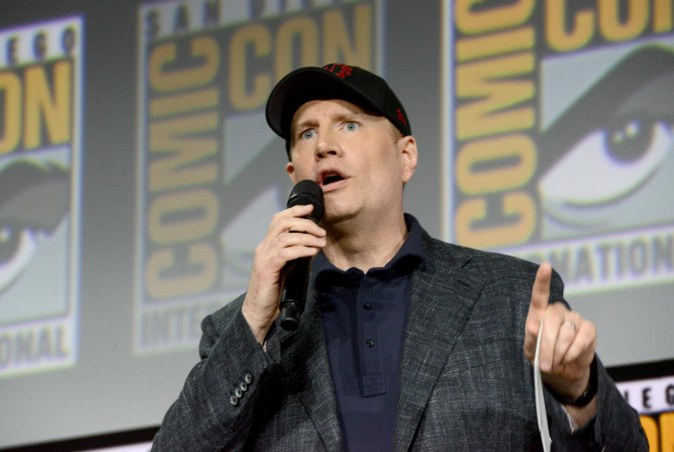 SAN DIEGO, CALIFORNIA - JULY 20: Kevin Feige speak at the Marvel Studios Panel during 2019 Comic-Con International at San Diego Convention Center on July 20, 2019 in San Diego, California. (Photo by Albert L. Ortega/Getty Images)