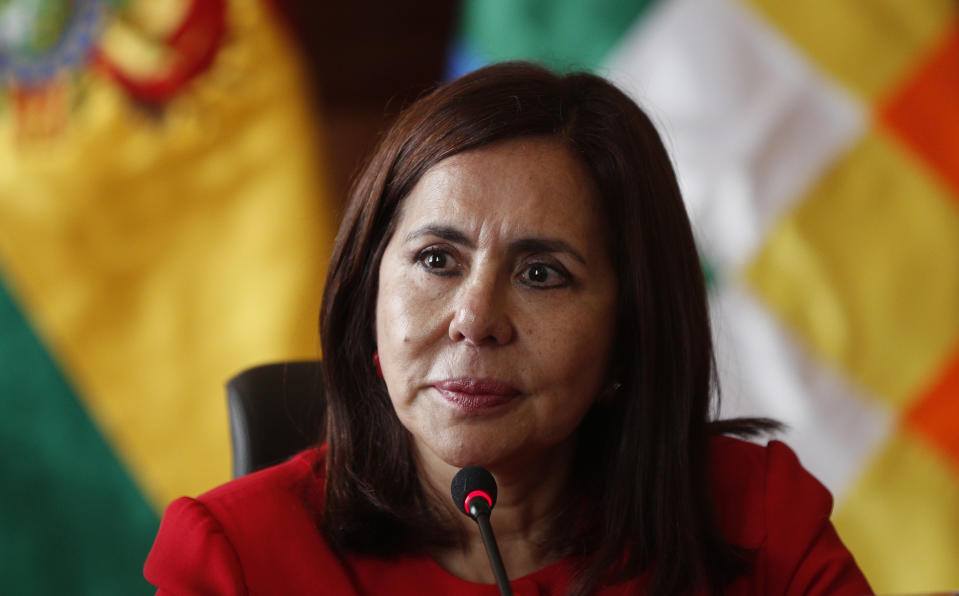 Bolivia's Foreign Minister Karen Longaric attends a press conference introducing the newly appointed ambassador to the United States, at the Foreign Ministry in La Paz, Bolivia, Thursday, Nov. 28, 2019. (AP Photo/Juan Karita)