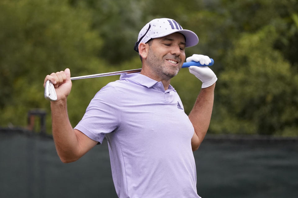 Sergio Garcia of Spain reacts after his drive from the tenth tee during the second round of the Sanderson Farms Championship golf tournament in Jackson, Miss., Friday, Oct. 1, 2021. (AP Photo/Rogelio V. Solis)