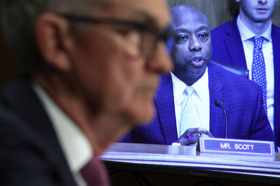 WASHINGTON, DC - JUNE 22:  Committee ranking member Sen. Tim Scott (R-SC) is seen on a screen as Federal Reserve Board Chairman Jerome Powell testifies during a hearing before Senate Banking, Housing, and Urban Affairs Committee at Dirksen Senate Office Building on June 22, 2023 on Capitol Hill in Washington, DC. The committee held a hearing to examine the Semiannual Monetary Policy Report to the Congress.  (Photo by Alex Wong/Getty Images)