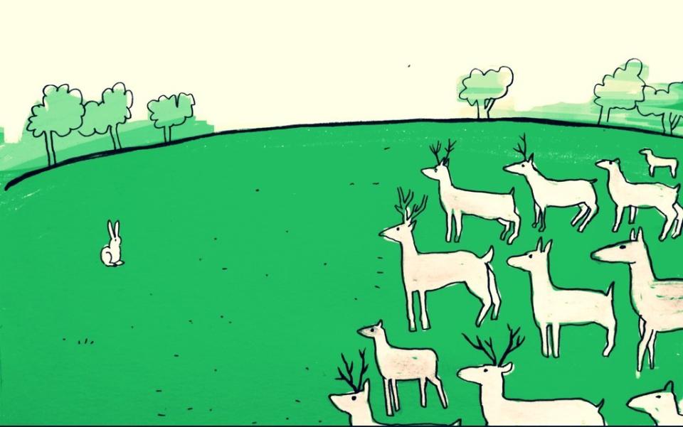 graphic of deer stopping in front of a rabbit