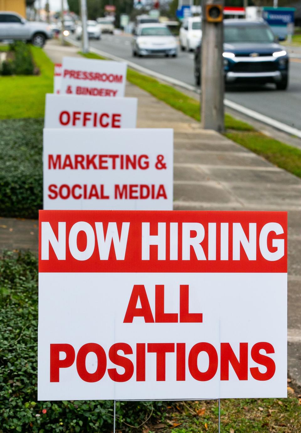 Businesses along east Silver Springs Boulevard advertise for workers.