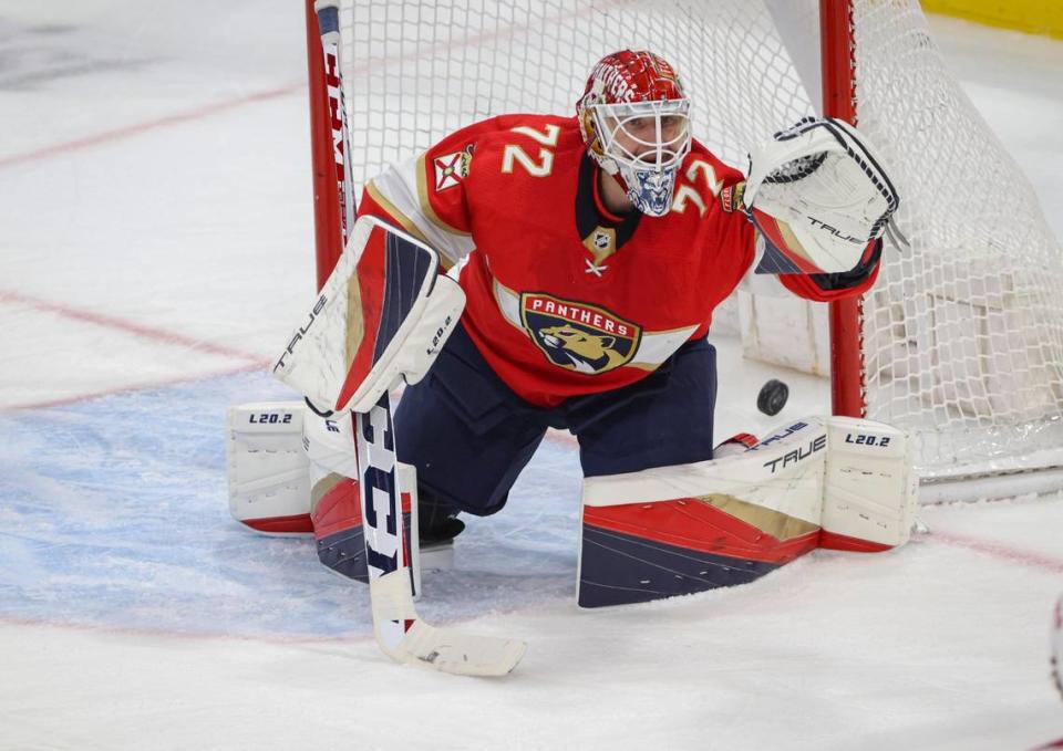 Florida Panthers goaltender Sergei Bobrovsky (72) misses the puck and the Canadiens score during the third period of a NHL game between the Florida Panthers and the Montreal Canadiens on Thursday, March 16, 2023, at FLA Live Arena. Panthers won 9-5.