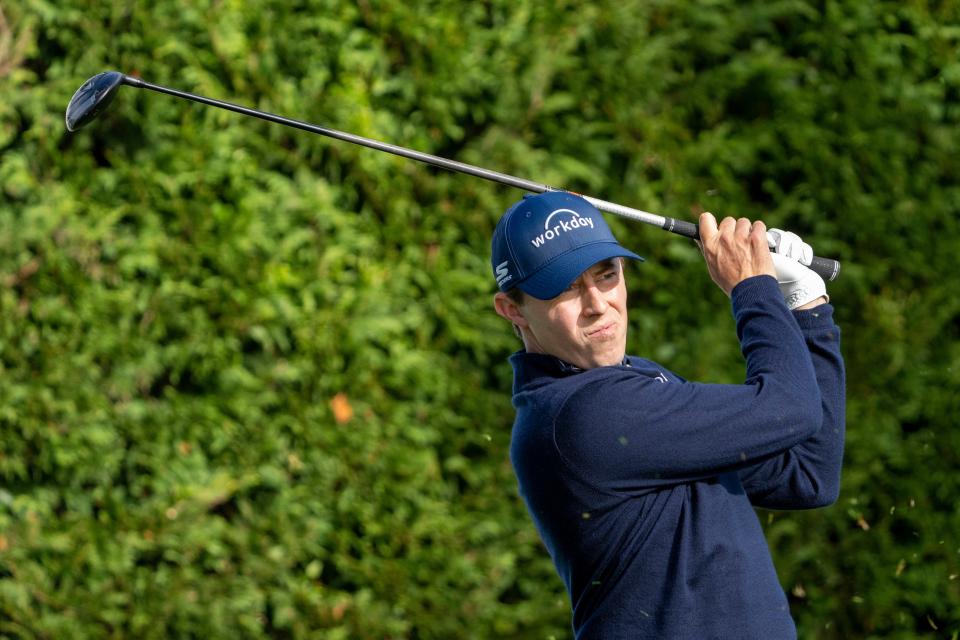 February 1, 2024; Pebble Beach, California, USA; Matthew Fitzpatrick hits his tee shot on the 16th hole during the first round of the AT&T Pebble Beach Pro-Am golf tournament at Pebble Beach Golf Links. Mandatory Credit: Kyle Terada-USA TODAY Sports