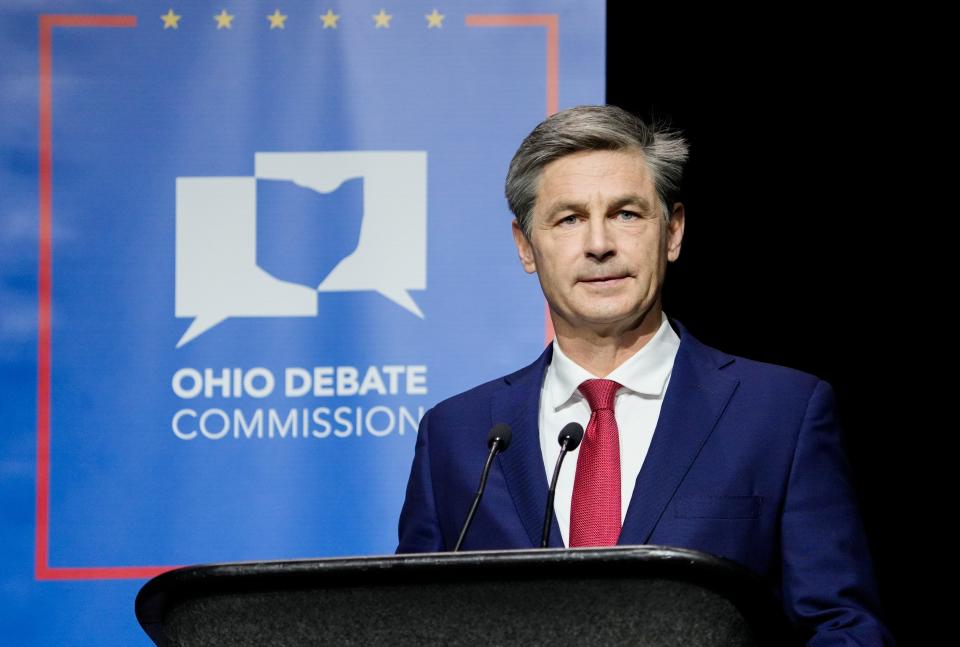 State Sen. Matt Dolan, R-Chagrin Falls, stands on stage before the start of a GOP Senate primary debate at Central State University in March.