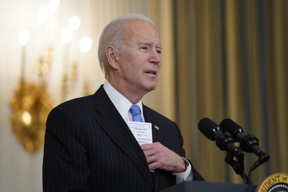 President Joe Biden speaks about efforts to combat COVID-19, in the State Dining Room of the White House, Tuesday, March 2, 2021, in Washington. (AP Photo/Evan Vucci)