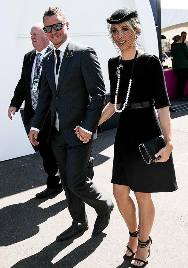 Lleyton and Bec make their way to the Lavazza marquee at Derby Day on October 29. Source: Getty