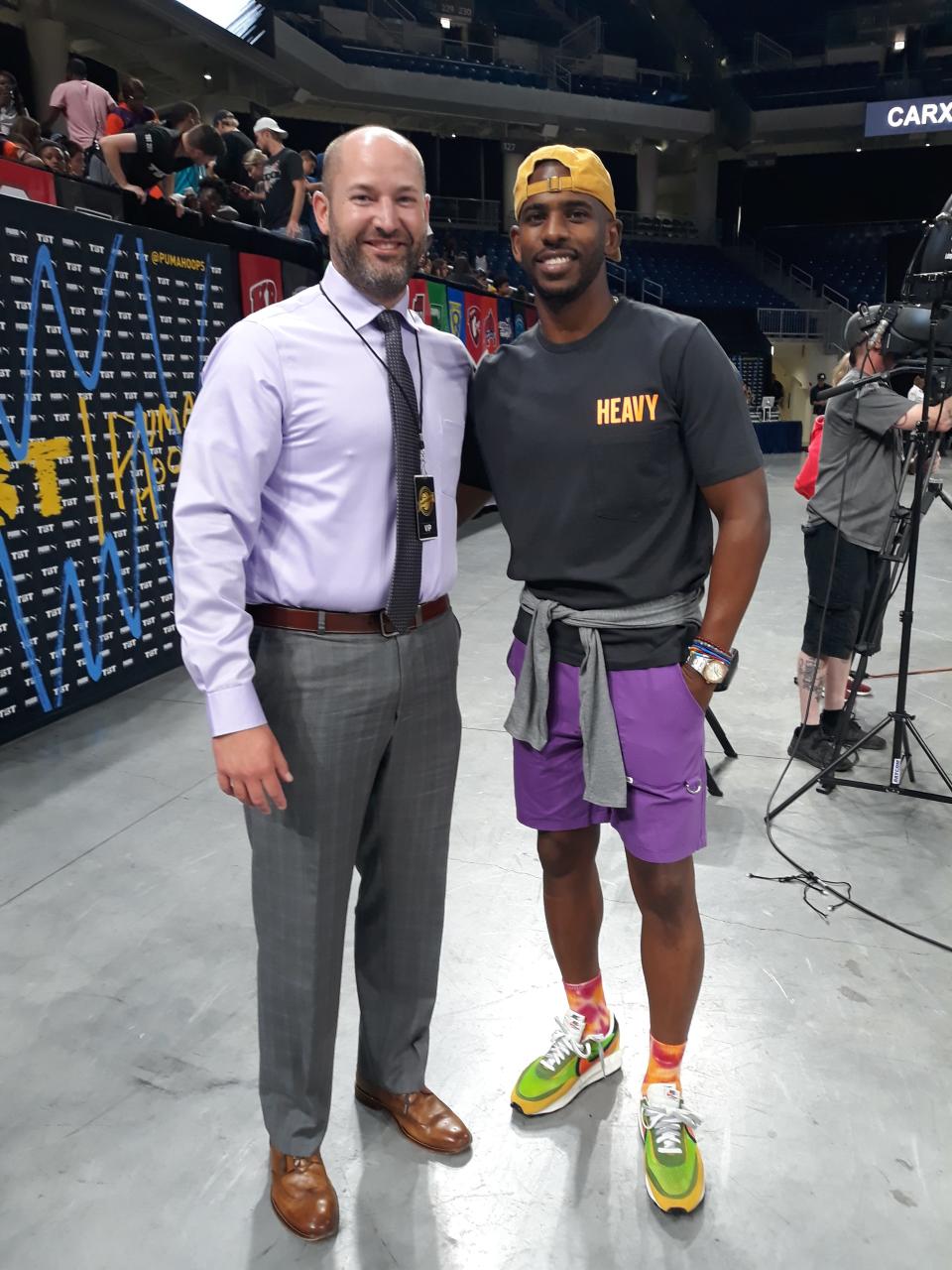 Nick Elam (left) is shown with Chris Paul, now with the Golden State Warriors, who is an advocate for the Elam Ending.