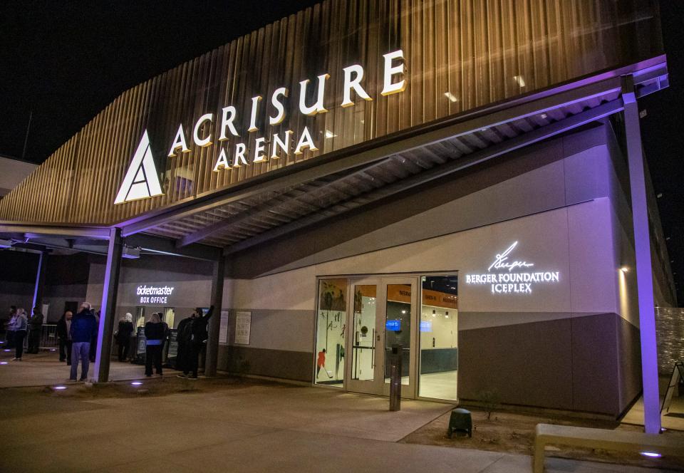 The entrance for the Berger Foundation Iceplex is seen at Acrisure Arena in Palm Desert, Calif., Wednesday, Dec. 14, 2022. 