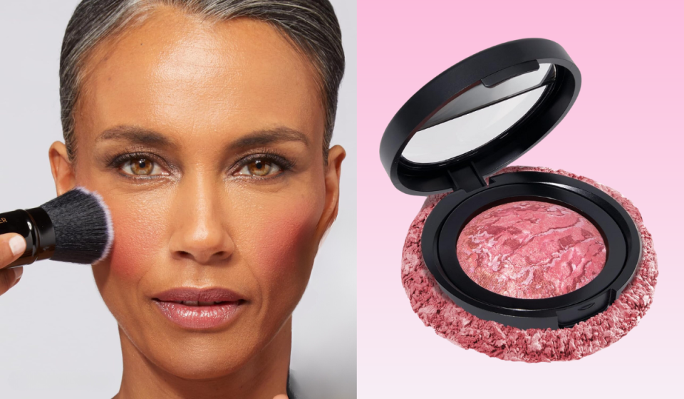 woman applying blush / open pink blush compact