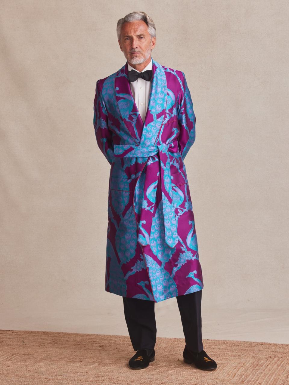 New & Lingwood’s peacock dressing gown, worn with black tie (New & Lingwood)