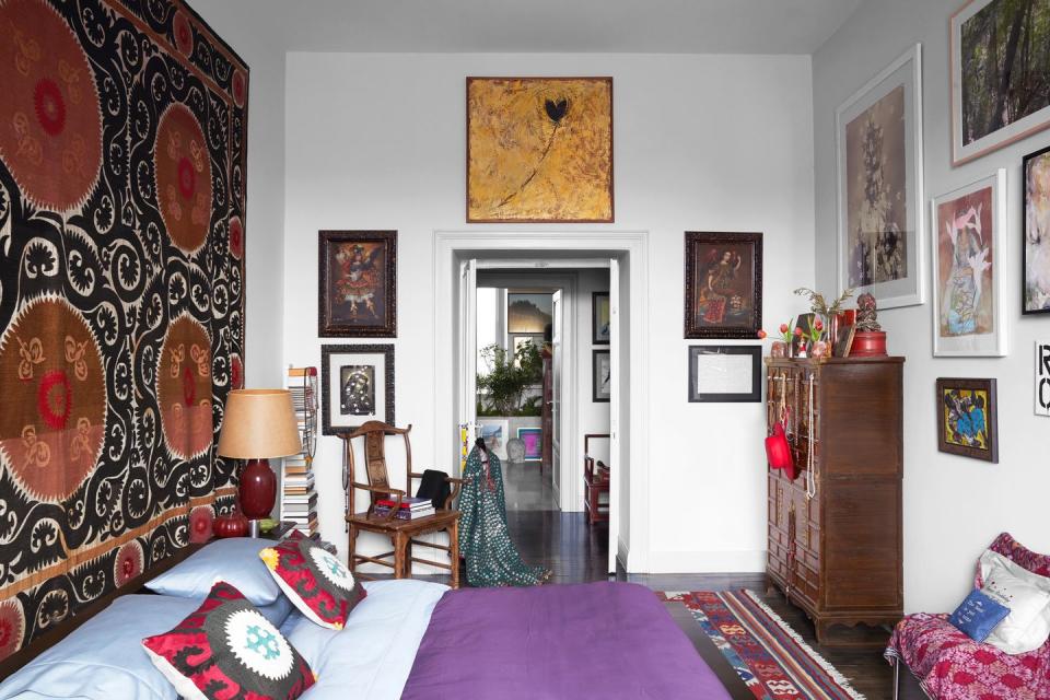 bohemian bedroom with a suzani from istanbul and rug from morocco