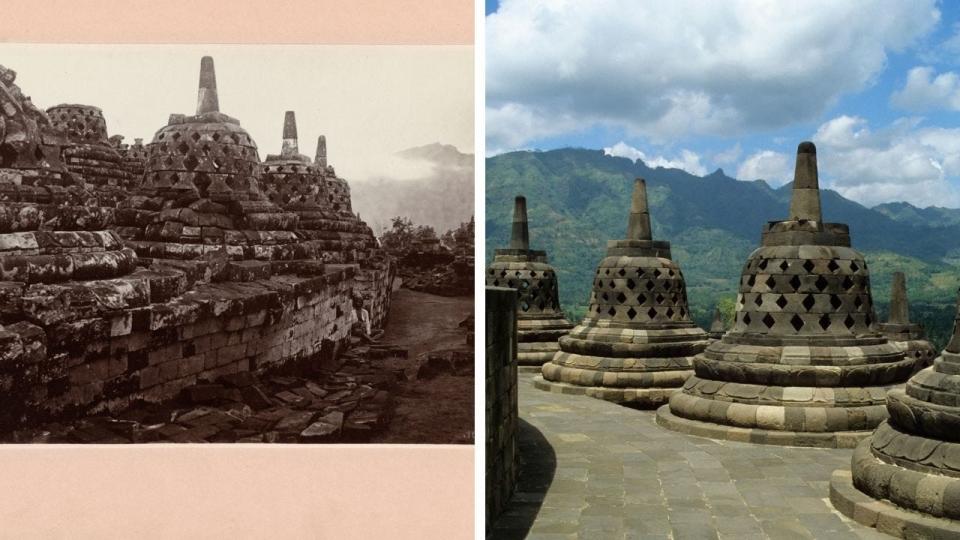 A side by side comparison of the bells at Borobudur temple before and after restoration.