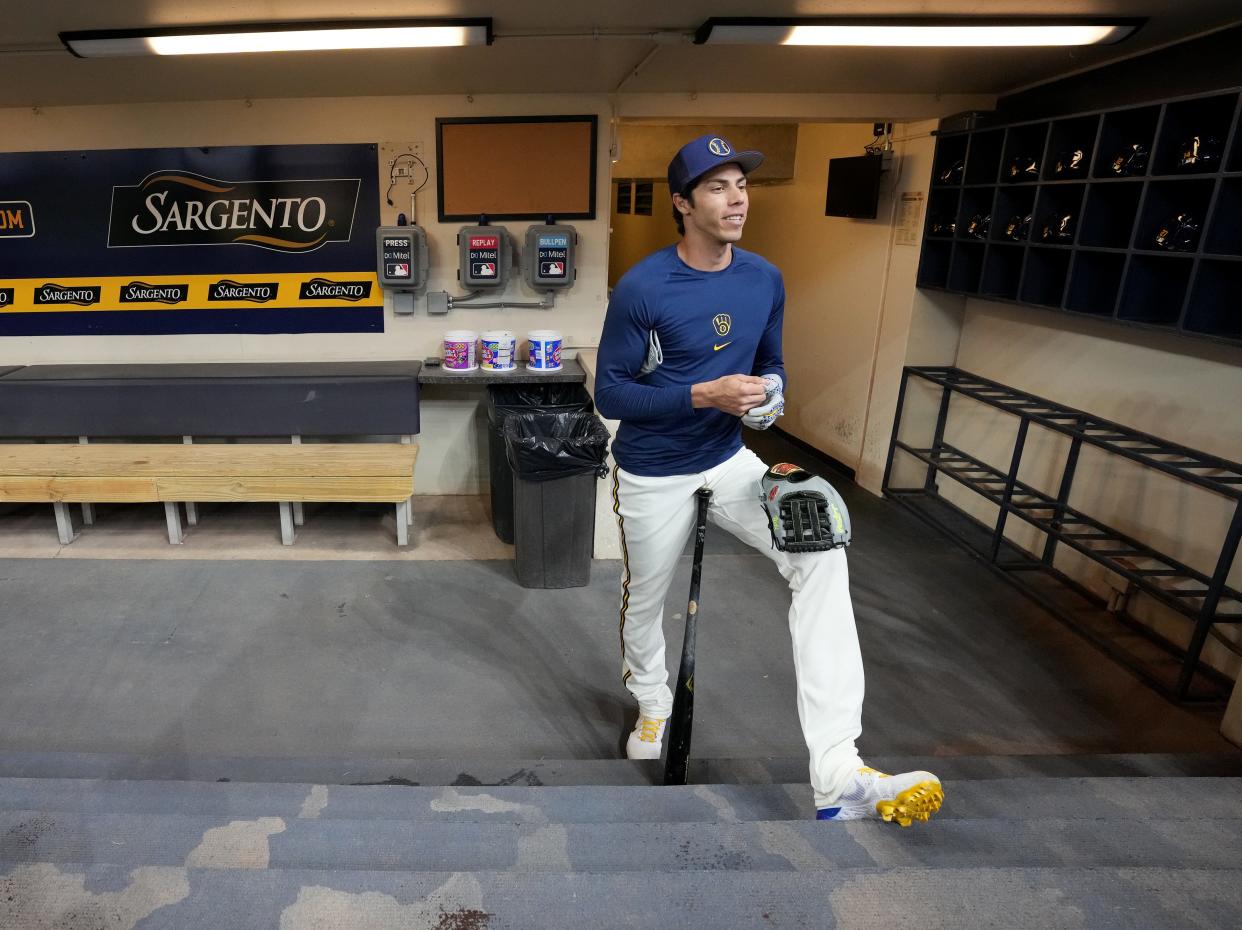 Milwaukee Brewers outfielder Christian Yelich made a stop in the TV broadcast booth Saturday night at Chase Field.