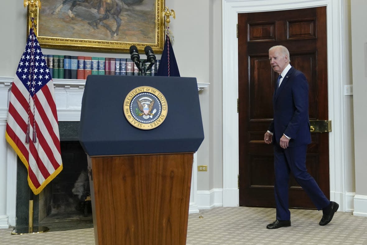 President Joe Biden arrives to speak in the Roosevelt Room of the White House, Sunday, May 28, 2023, in Washington. (AP Photo/Manuel Balce Ceneta)