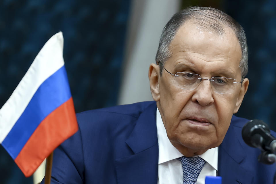 In this photo released by Russian Foreign Ministry Press Service, Russian Foreign Minister Sergey Lavrov speaks during the talks with Minister of Foreign Affairs of the Republic of Burkina Faso Karamoko Jean-Marie Traoré in Oyo, Congo, Tuesday, June 4, 2024. (Russian Foreign Ministry Press Service via AP)