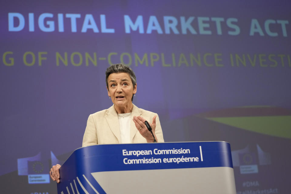 European Commissioner for Europe fit for the Digital Age Margrethe Vestager speaks during a media conference regarding the Digital Markets Act at EU headquarters in Brussels, Monday, March 25, 2024. The European Commission on Monday opened non-compliance investigations against Alphabet, Apple and Meta under the Digital Markets Act. (AP Photo/Virginia Mayo)