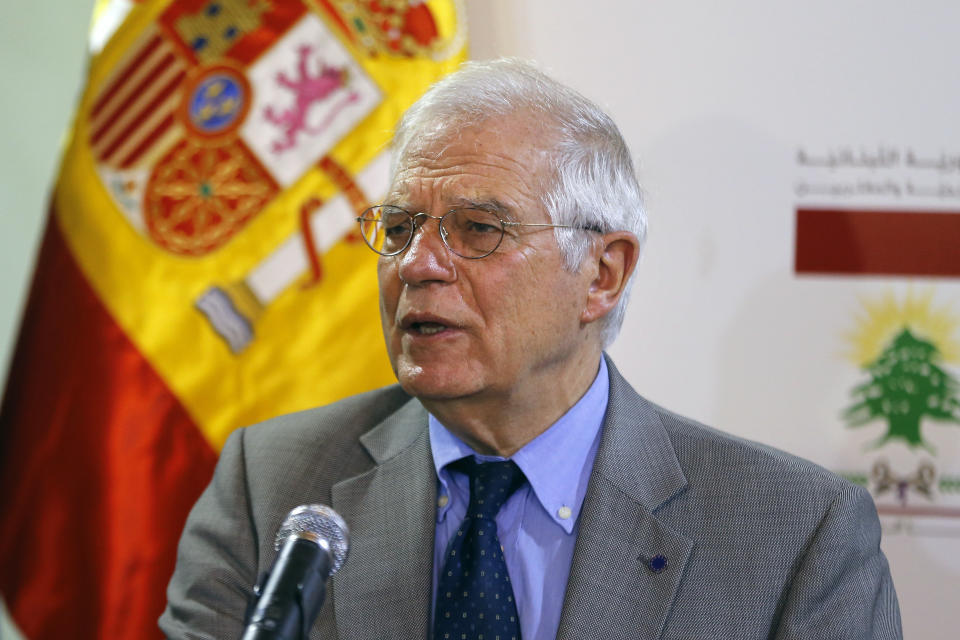 Spanish foreign minister Josep Borrell, speaks during a joint press conference with his Lebanese counterpart Gebran Bassil, at the Lebanese foreign ministry in Beirut, Lebanon, Friday, May 3, 2019. Spain's acting foreign minister says a Venezuelan anti-government activist is a guest at the Spanish embassy in Caracas which can't be turned into a center of political activities. (AP Photo/Bilal Hussein)