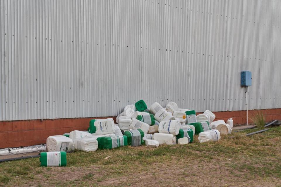 Empty containers of herbicide at a farm in San José de la Esquina, Argentina, in January 2023.