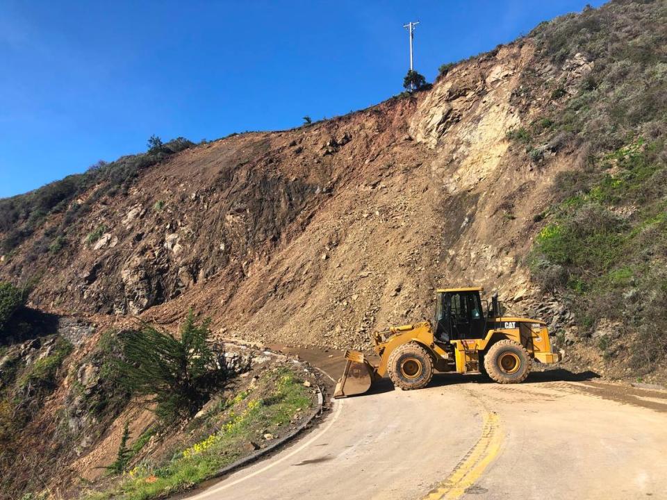 The power pole near the top of this photo taken Jan. 18, 2023, by Robert Moynier of Cambria is being threatened by continuing movement of the Polar Star landslide, one of seven large and lots of small slides that are keeping about 40 miles of Highway 1 closed between just south of Piedras Blancas and Lime Creek in Big Sur.