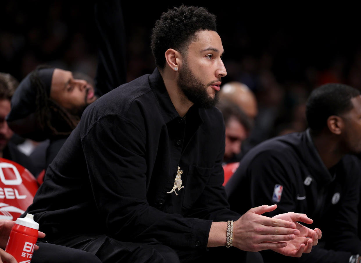 NEW YORK, NEW YORK - APRIL 07:   Ben Simmons #10 of the Brooklyn Nets looks on from the bench in the first half against the Orlando Magic at Barclays Center on April 07, 2023 in the Brooklyn borough of New York City. NOTE TO USER: User expressly acknowledges and agrees that, by downloading and or using this photograph, User is consenting to the terms and conditions of the Getty Images License Agreement. (Photo by Elsa/Getty Images)