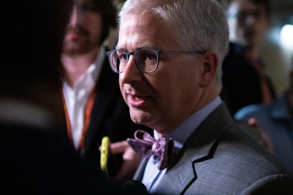 Rep. Patrick McHenry, R-N.C., speaks to reporters upon arrival to a House Republican Conference meeting on November 14, 2023 in Washington, D.C.