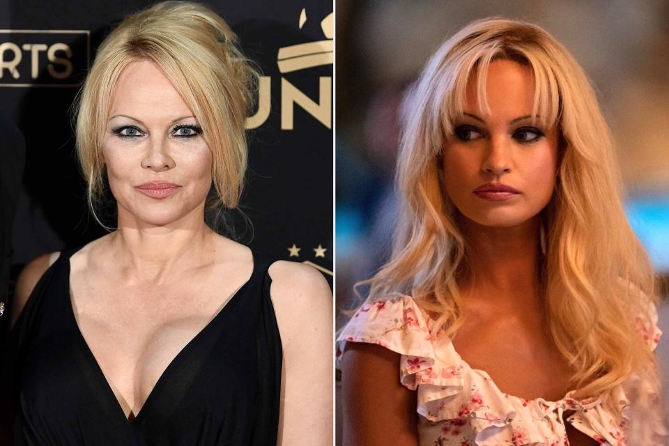 Pamela Anderson arrive to take part in a TV show; Lily James, "Pam & Tommy".