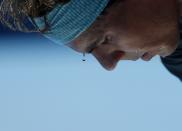 A bead of sweat drips from Rafael Nadal of Spain during his men's singles quarter-final tennis match against Grigor Dimitrov of Bulgaria at the Australian Open 2014 tennis tournament in Melbourne, in this January 22, 2014 file photo. REUTERS/Bobby Yip/Files (AUSTRALIA - Tags: SPORT TENNIS TPX IMAGES OF THE DAY)