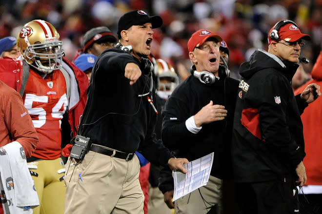   Head Coach Jim Harbaugh Of The San Francisco 49ers Reacts Getty Images