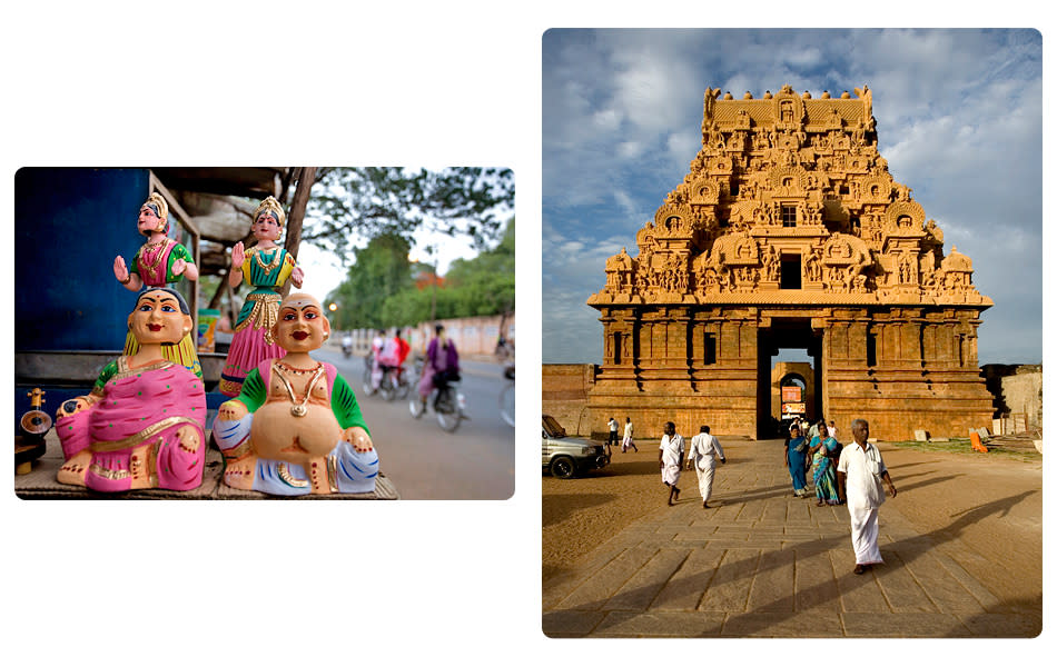 The Tanjore Doll (left), a traditional bobblehead toy that wobbles when moved, is made of baked clay and painted in bright colors.