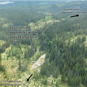 Two of the larger lithium pegmatite outcrops in the CV13 cluster, located at the apex of a regional structural flexure