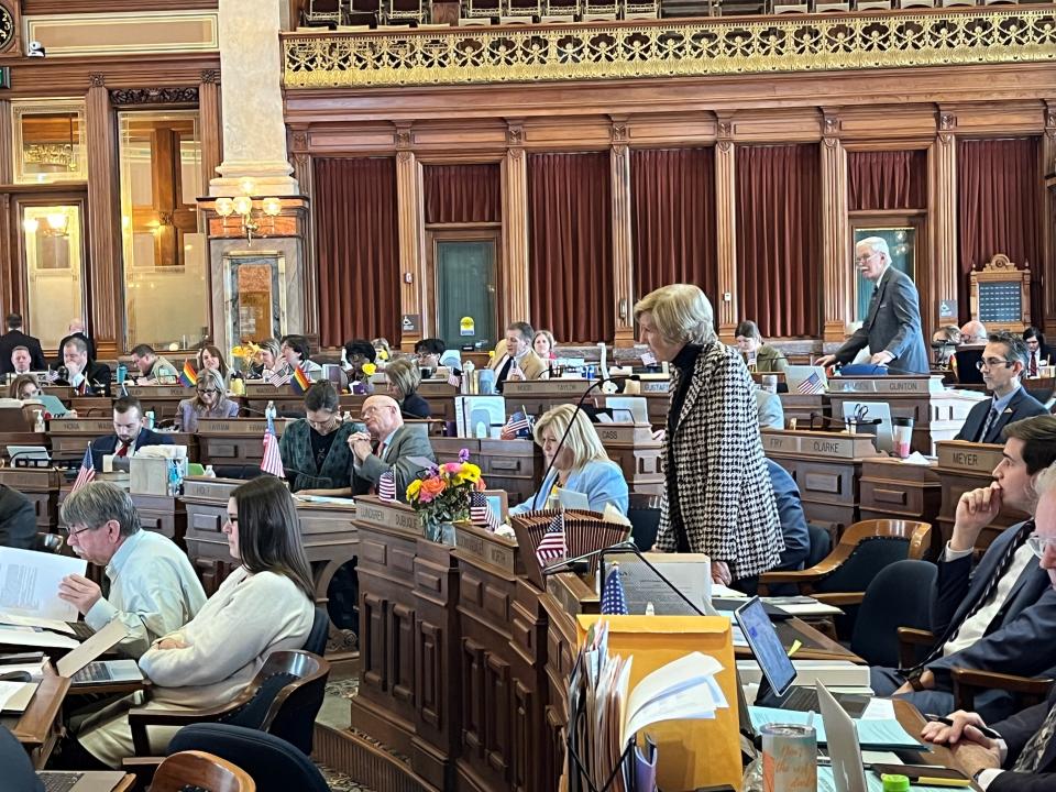 Rep. Jane Bloomingdale, R-Northwood, speaks in favor of a 1,500-page bill to reorganize Iowa's state government in the Iowa House on Wednesday, March 15, 2023.