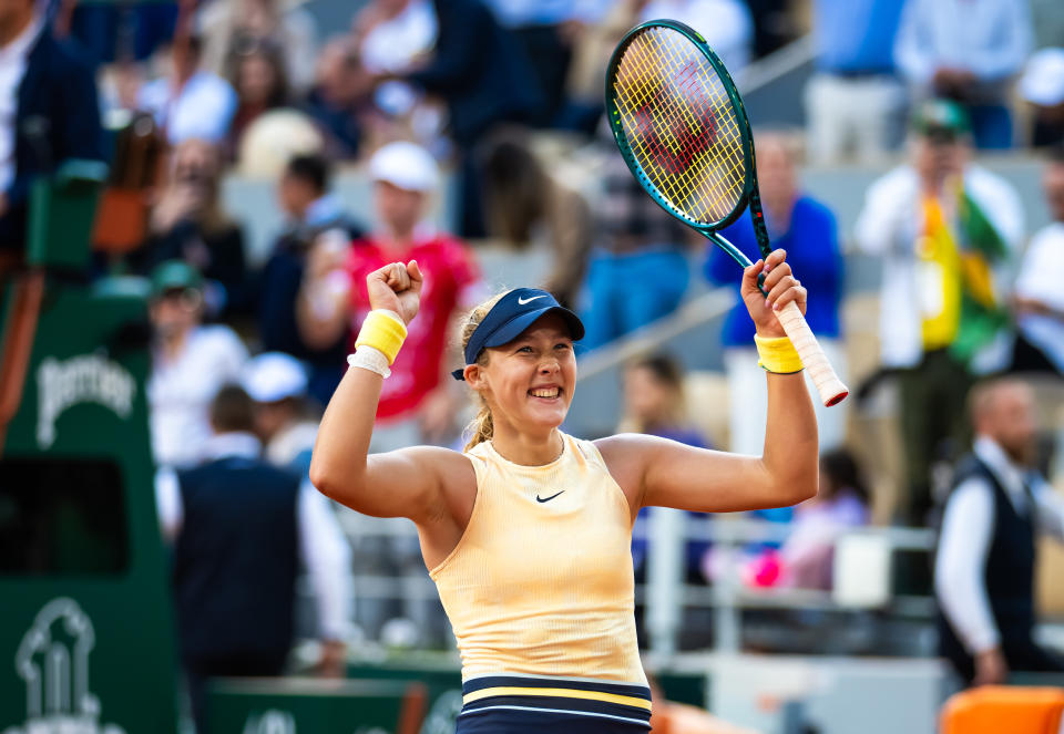 PARIS, FRANCE - JUNE 05: Mirra Andreeva reacts to converting match point against Aryna Sabalenka in the quarter-final on Day 11 of the French Open at Roland Garros on June 05, 2024 in Paris, France (Photo by Robert Prange/Getty Images)