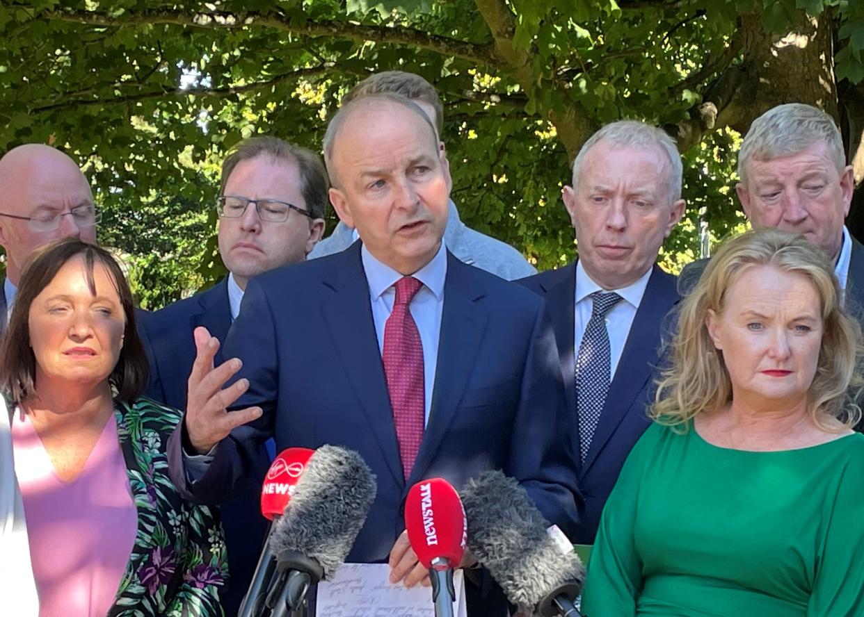 Micheal Martin speaks to the media at his party’s think-in event in Killiney, Co Dublin (David Young/PA)