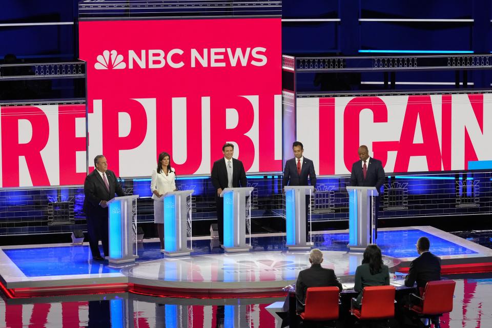 Republican presidential candidates from left, former New Jersey Gov. Chris Christie, former UN Ambassador Nikki Haley, Florida Gov. Ron DeSantis, businessman Vivek Ramaswamy and Sen. Tim Scott, R-S.C., participate in a Republican presidential primary debate hosted by NBC News Wednesday, Nov. 8, 2023, at the Adrienne Arsht Center for the Performing Arts of Miami-Dade County in Miami. | Rebecca Blackwell, Associated Press