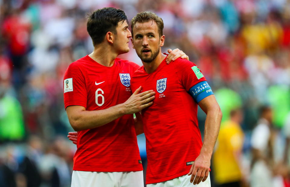 ST PETERSBURG, RUSSIA - JULY 14, 2018: England's Harry Maguire (L) and Harry Kane after losing the 2018 FIFA World Cup Play-off for third place match against Belgium at St Petersburg Stadium. Belgium won the game 2-0. Sergei Savostyanov/TASS (Photo by Sergei Savostyanov\TASS via Getty Images)