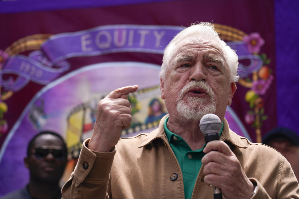 Actor Brian Cox participates in a rally by the UK actors union Equity, in support of the SAG-AFTRA strike on Friday, July 21, 2023, in London. The actors strike comes more than two months after screenwriters began striking in their bid to get better pay and working conditions. (Alberto Pezzali/Invision/AP)