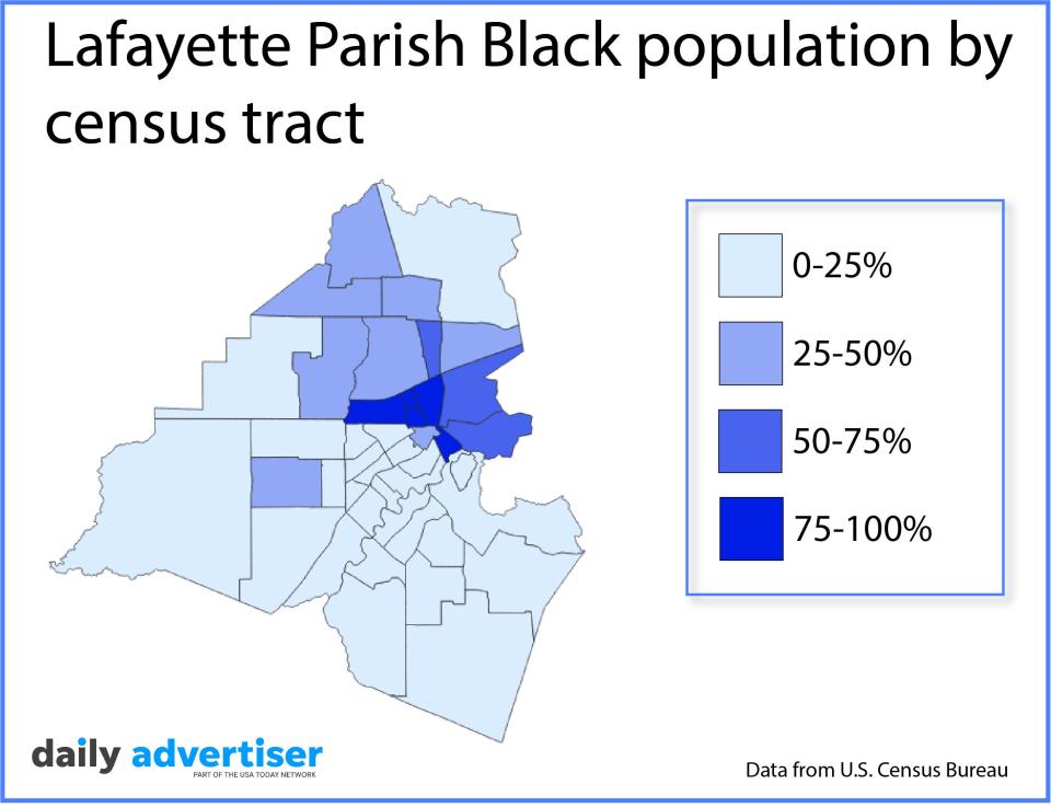 This map shows Lafayette Parish's Black population by census tract, according to the U.S. Census Bureau