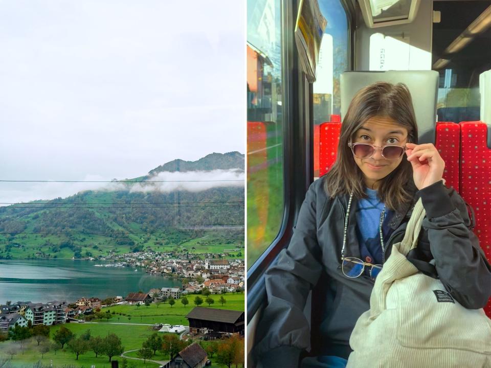 A view out the window of the author's train to Switzerland (L) and the author on a local train to the village.