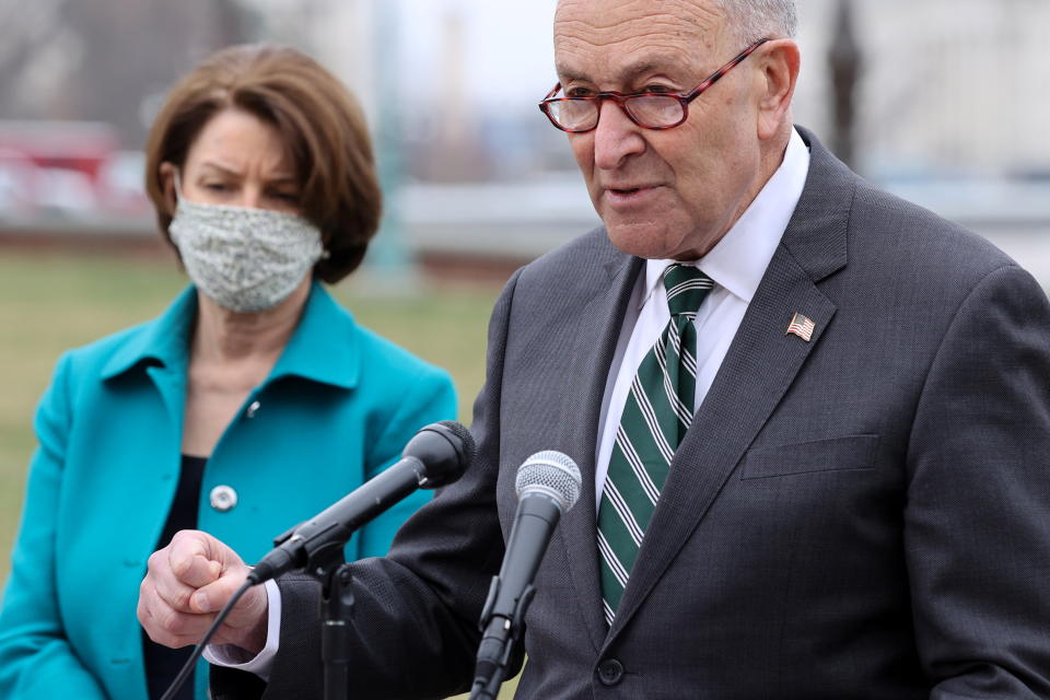 U.S. Senate Majority Leader Chuck Schumer (D-NY), joined by Senator Amy Klobuchar (D-MN), holds a news conference to announce the