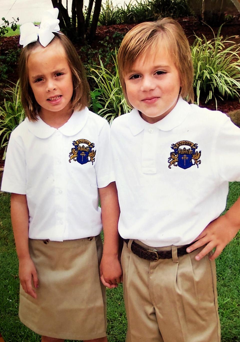 Rylee Langerman and her twin brother, Ryan, pictured in elementary school at Christian Heritage Academy. Rylee is now a basketball player at Oklahoma State who has alopecia, a disorder that causes hair to fall out.