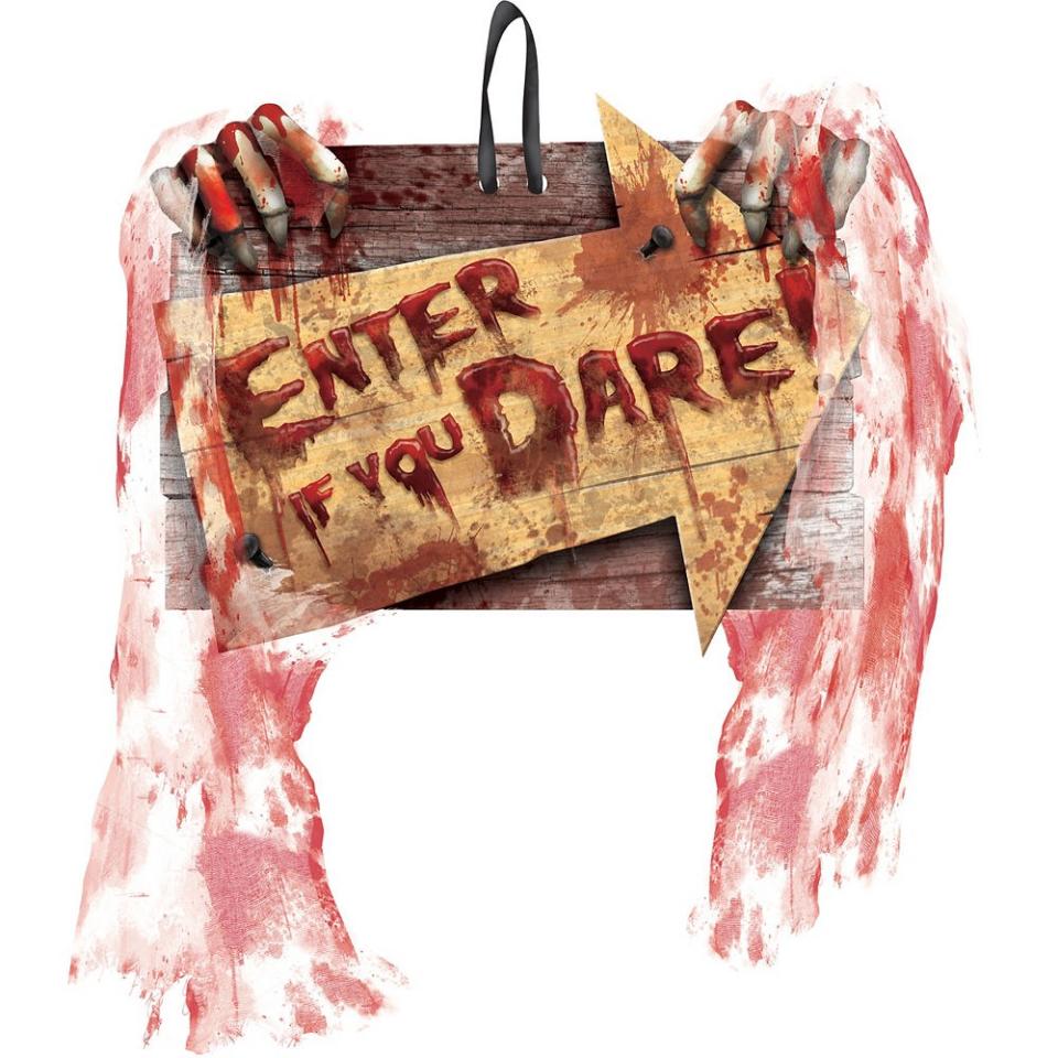<p>Set the scary stage before people even walk in the door.</p> <p><strong>Shop now:</strong> Enter If You Dare Sign, $2. <a rel="nofollow noopener" href="https://www.partycity.com/enter-if-you-dare-sign-631461.html?cgid=creepy-carnival-halloween-party-supplies" target="_blank" data-ylk="slk:partycity.com;elm:context_link;itc:0;sec:content-canvas" class="link ">partycity.com</a></p>