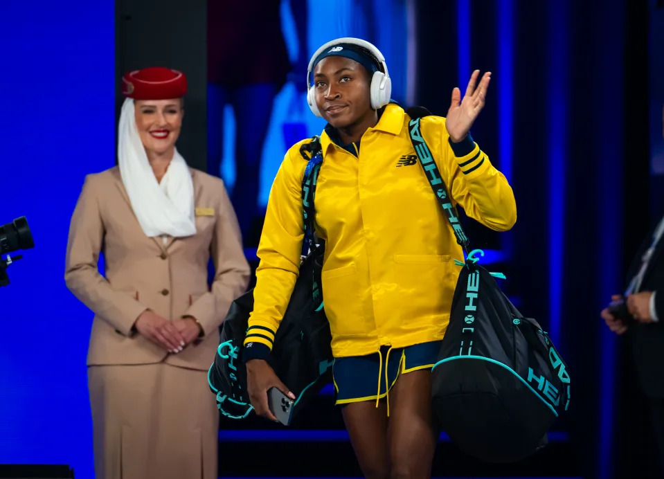 MELBOURNE, AUSTRALIA - JANUARY 25: Coco Gauff of the United States walks onto the court to play against Aryna Sabalenka of Belarus in the semi-final on Day 12 of the 2024 Australian Open at Melbourne Park on January 25, 2024 in Melbourne, Australia (Photo by Robert Prange/Getty Images)