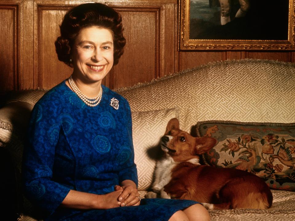 Queen Elizabeth posing with a corgi on February 04, 1970.