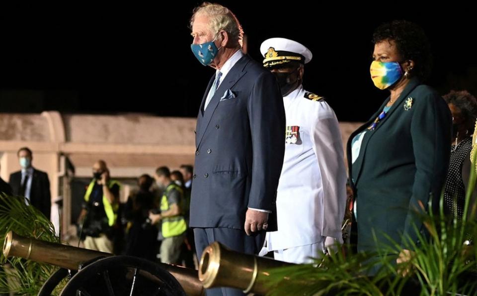 Britain’s Prince Charles stands with Barbados’ President-elect Sandra Mason during a Guard of Honour and playing of national anthems, as he arrives at Grantley Adams Airport, to take park in events to mark the Caribbean island’s transition to a birth of a new republic, Bridgetown, Barbados, (Reuters)