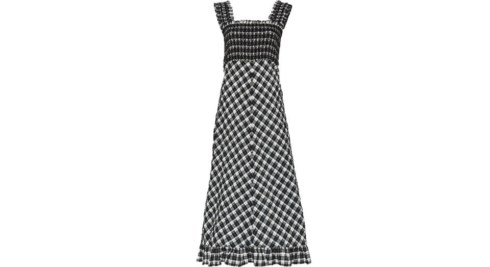 Ganni seersucker check smocked midi dress