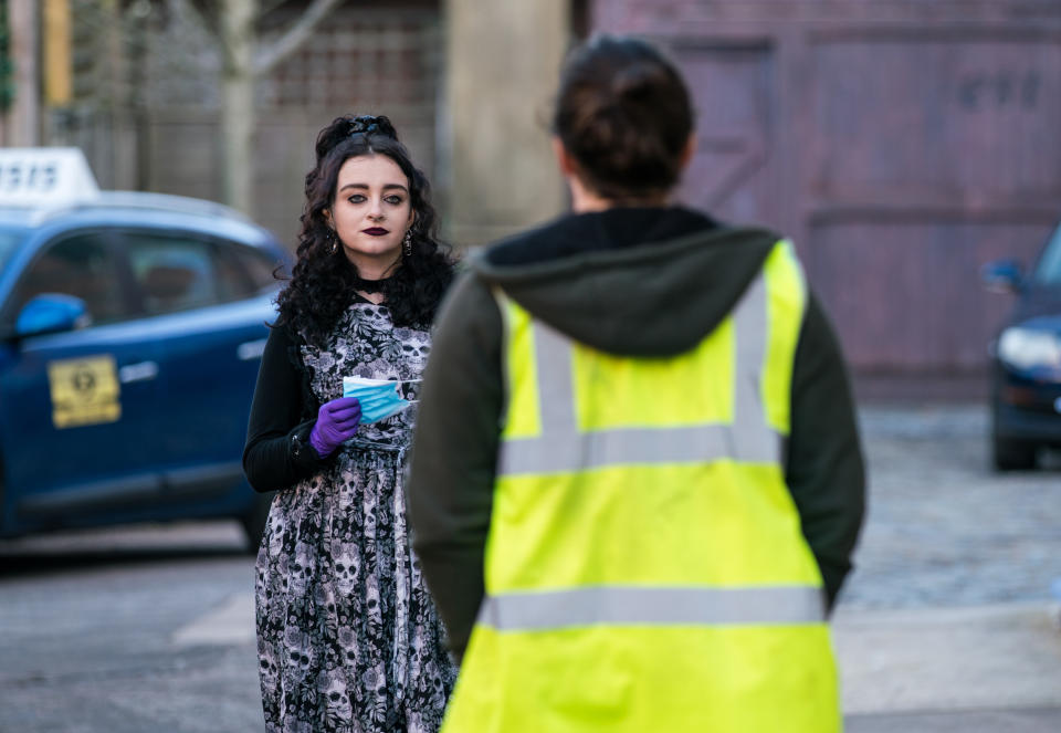 FROM ITV

STRICT EMBARGO - No Use Before Tuesday 23rd March 2021

Coronation Street - Ep 1028788

Thursday 1st April 2021

In a bid to make a stand against traffic pollution, Nina Lucas [MIOLLIE GALLAGHER] blocks Victoria Street with tables from the cafe. Seb Franklinâ€™s [HARRY VISINONI] furious, pointing out he needs to get to work. 

Picture contact David.crook@itv.com 

Photographer - Danielle Baguley

This photograph is (C) ITV Plc and can only be reproduced for editorial purposes directly in connection with the programme or event mentioned above, or ITV plc. Once made available by ITV plc Picture Desk, this photograph can be reproduced once only up until the transmission [TX] date and no reproduction fee will be charged. Any subsequent usage may incur a fee. This photograph must not be manipulated [excluding basic cropping] in a manner which alters the visual appearance of the person photographed deemed detrimental or inappropriate by ITV plc Picture Desk. This photograph must not be syndicated to any other company, publication or website, or permanently archived, without the express written permission of ITV Picture Desk. Full Terms and conditions are available on  www.itv.com/presscentre/itvpictures/terms