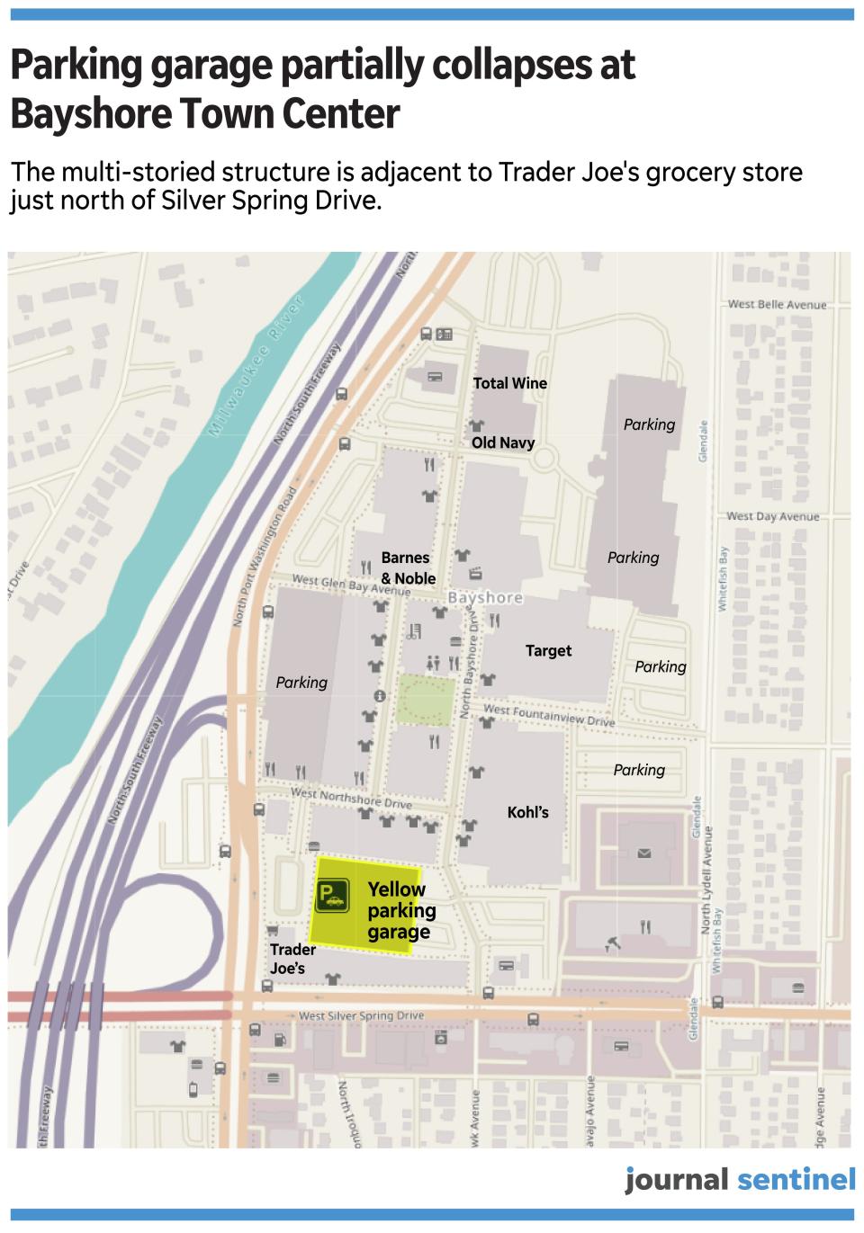 The Yellow Parking Garage at Bayshore Town Center partially collapsed Thursday afternoon. The structure is adjacent to Trader Joe's.