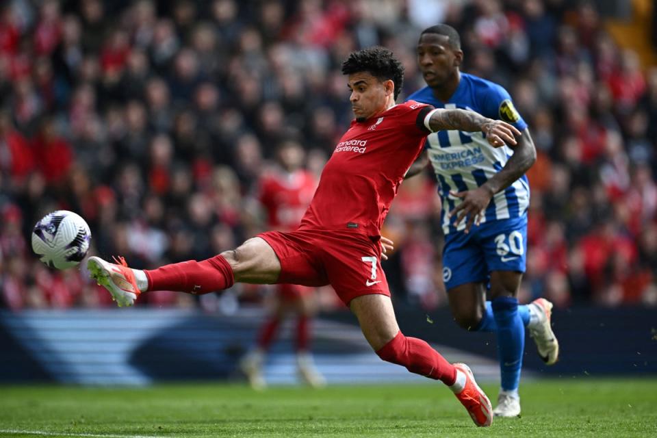 Luis Diaz’s volley equalised for Liverpool during a close match at Anfield (AFP via Getty Images)